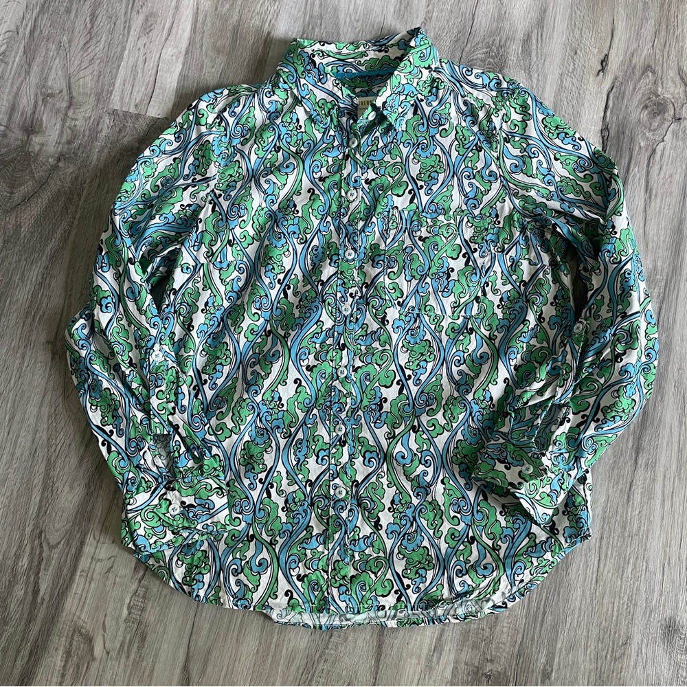 Anthropologie Green and Blue Swirl Pattern Shirt